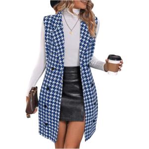 imageSOLY HUX Womens Plaid Houndstooth Print Blazer Long Vest Top Sleeveless Cardigan JacketBlue Houndstooth