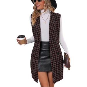 imageSOLY HUX Womens Plaid Houndstooth Print Blazer Long Vest Top Sleeveless Cardigan JacketBrown Houndstooth Print