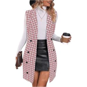 imageSOLY HUX Womens Plaid Houndstooth Print Blazer Long Vest Top Sleeveless Cardigan JacketDusty Pink Houndstooth