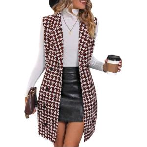 imageSOLY HUX Womens Plaid Houndstooth Print Blazer Long Vest Top Sleeveless Cardigan JacketRed Houndstooth Print