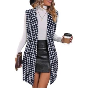 imageSOLY HUX Womens Plaid Houndstooth Print Blazer Long Vest Top Sleeveless Cardigan JacketRoyal Blue Houndstooth Print