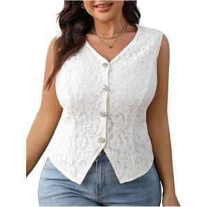 imageSOLY HUX Womens Plus Size Floral Lace Vest Shirts Button Down Elegant Work Office Tank TopsSolid Apricot