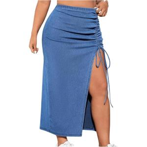 imageSOLY HUX Womens Plus Size High Waisted Denim Skirts Side Split Drawstring Bodycon Long SkirtPure Blue