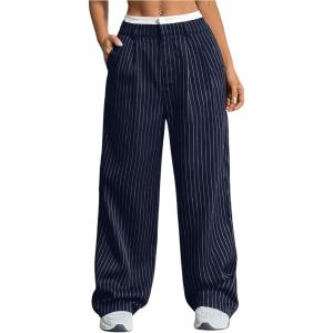 imageSOLY HUX Womens Striped Pants Color Block High Waisted Wide Leg Casual Work Office Long TrousersDark Blue Striped