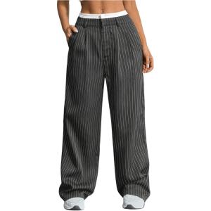 imageSOLY HUX Womens Striped Pants Color Block High Waisted Wide Leg Casual Work Office Long TrousersGrey Striped
