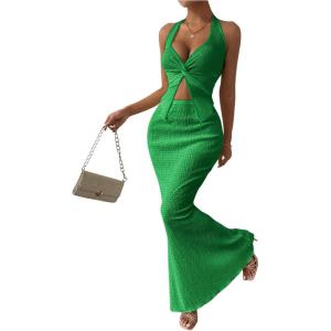imageSOLY HUX Womens Two Piece Outfits Twist Front Halter Cami Tops and Skirt Summer SetPure Green