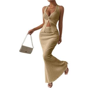imageSOLY HUX Womens Two Piece Outfits Twist Front Halter Cami Tops and Skirt Summer SetPure Khaki