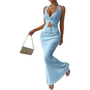 imageSOLY HUX Womens Two Piece Outfits Twist Front Halter Cami Tops and Skirt Summer SetSolid Blue