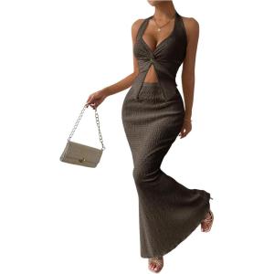 imageSOLY HUX Womens Two Piece Outfits Twist Front Halter Cami Tops and Skirt Summer SetSolid Coffee Brown