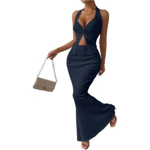 imageSOLY HUX Womens Two Piece Outfits Twist Front Halter Cami Tops and Skirt Summer SetSolid Dark Blue