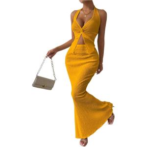 imageSOLY HUX Womens Two Piece Outfits Twist Front Halter Cami Tops and Skirt Summer SetSolid Gold