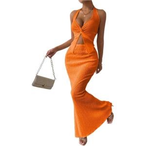 imageSOLY HUX Womens Two Piece Outfits Twist Front Halter Cami Tops and Skirt Summer SetSolid Orange