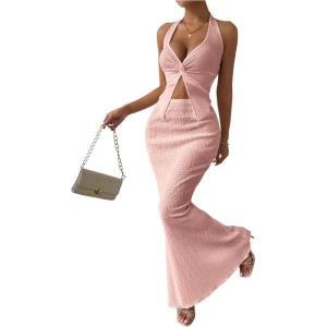 imageSOLY HUX Womens Two Piece Outfits Twist Front Halter Cami Tops and Skirt Summer SetSolid Pink
