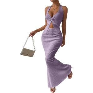 imageSOLY HUX Womens Two Piece Outfits Twist Front Halter Cami Tops and Skirt Summer SetSolid Purple