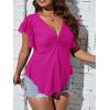 imageSOLY HUX Womens Plus Size Twist Front Deep V Neck Tee Tops Blouse Ruffle Short Sleeve Summer T ShirtPure Pink