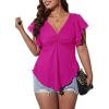 imageSOLY HUX Womens Plus Size Twist Front Deep V Neck Tee Tops Blouse Ruffle Short Sleeve Summer T ShirtPure Pink