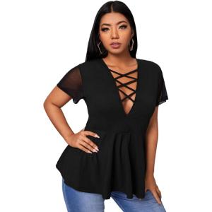 imageSOLY HUX Women Plus Size Sexy Criss Cross V Neck Short Sleeve Babydoll Peplum Top Blouses ShirtsPure Black