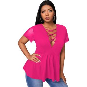 imageSOLY HUX Women Plus Size Sexy Criss Cross V Neck Short Sleeve Babydoll Peplum Top Blouses ShirtsSolid Hot Pink