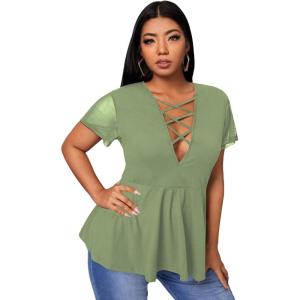 imageSOLY HUX Women Plus Size Sexy Criss Cross V Neck Short Sleeve Babydoll Peplum Top Blouses ShirtsSolid Mint Green