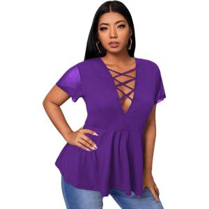 imageSOLY HUX Women Plus Size Sexy Criss Cross V Neck Short Sleeve Babydoll Peplum Top Blouses ShirtsSolid Purple