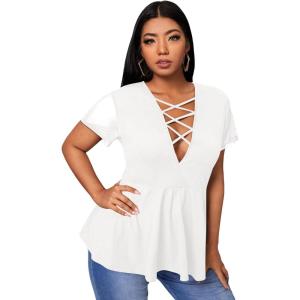 imageSOLY HUX Women Plus Size Sexy Criss Cross V Neck Short Sleeve Babydoll Peplum Top Blouses ShirtsSolid White