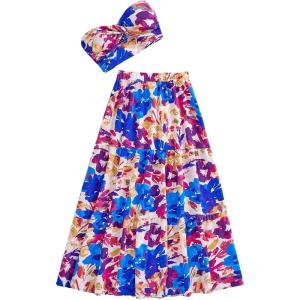 imageSOLY HUX Womens Boho 2 Piece Outfits Floral Print Colorful Tube Top and Ruffle Hem Maxi Skirt SetBlue Floral