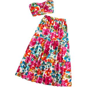 imageSOLY HUX Womens Boho 2 Piece Outfits Floral Print Colorful Tube Top and Ruffle Hem Maxi Skirt SetMulticoloured Floral