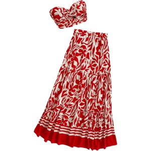 imageSOLY HUX Womens Boho 2 Piece Outfits Floral Print Colorful Tube Top and Ruffle Hem Maxi Skirt SetRed Floral