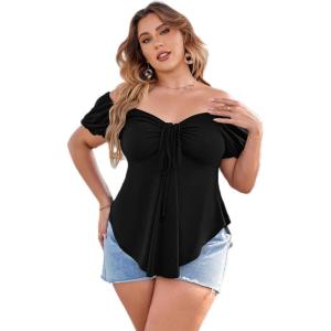 imageSOLY HUX Womens Plus Size Short Sleeve Peplum Blouse Tie Front Ruffle Hem Summer T Shirt TopsBlack