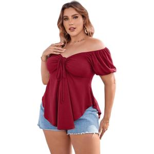 imageSOLY HUX Womens Plus Size Short Sleeve Peplum Blouse Tie Front Ruffle Hem Summer T Shirt TopsBurgundy