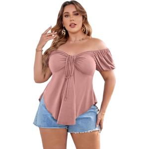 imageSOLY HUX Womens Plus Size Short Sleeve Peplum Blouse Tie Front Ruffle Hem Summer T Shirt TopsDusty Pink
