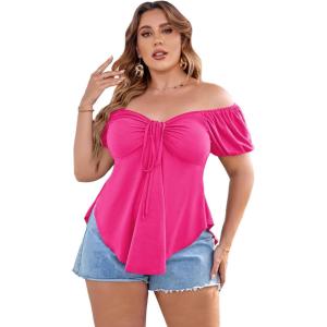 imageSOLY HUX Womens Plus Size Short Sleeve Peplum Blouse Tie Front Ruffle Hem Summer T Shirt TopsHot Pink