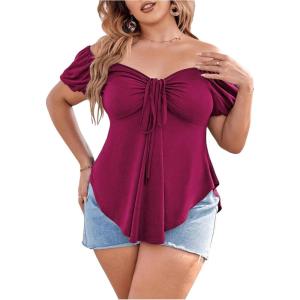 imageSOLY HUX Womens Plus Size Short Sleeve Peplum Blouse Tie Front Ruffle Hem Summer T Shirt TopsPure Red Violet
