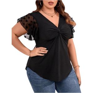 imageSOLY HUX Womens Plus Size Twist Front Deep V Neck Tee Tops Blouse Ruffle Short Sleeve Summer T ShirtPlain Black