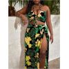 imageSOLY HUX Womens Plus Size 3 Piece Swimsuits Floral Print Halter Bikini Sets Bathing Suit with Beach SkirtBlack Tropical