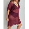 imageSOLY HUX Womens Plus Size Casual Summer Short Sleeve Cover Up Hollow Out Split Swimsuit Bikini Beach DressBurgundy Plain