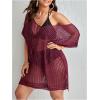 imageSOLY HUX Womens Plus Size Casual Summer Short Sleeve Cover Up Hollow Out Split Swimsuit Bikini Beach DressBurgundy Plain