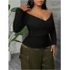 imageSOLY HUX Womens Plus Size Off Shoulder Tops Ruched Wrap Long Sleeve Shirt Casual Slim Fit Tee ShirtsPure Black