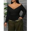 imageSOLY HUX Womens Plus Size Off Shoulder Tops Ruched Wrap Long Sleeve Shirt Casual Slim Fit Tee ShirtsPure Black