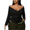 imageSOLY HUX Womens Plus Size Off Shoulder Tops Ruched Wrap Long Sleeve Shirt Casual Slim Fit Tee ShirtsPure Black