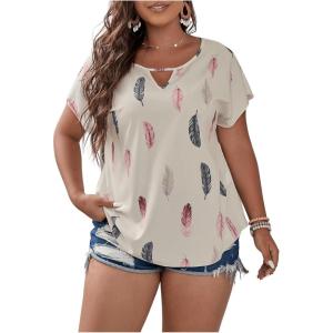 imageSOLY HUX Plus Size Blouses for Curvy Women Cute Boho Print Shirts V Neck Casual Summer Blouses TShirts TopsBeige Feather