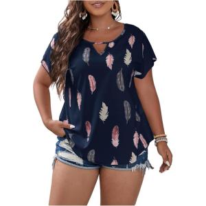 imageSOLY HUX Plus Size Blouses for Curvy Women Cute Boho Print Shirts V Neck Casual Summer Blouses TShirts TopsBlue Multi Feather