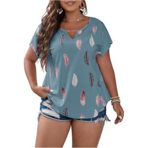 imageSOLY HUX Plus Size Blouses for Curvy Women Cute Boho Print Shirts V Neck Casual Summer Blouses TShirts TopsDusty Blue Feather