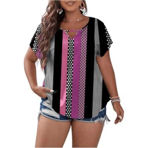 imageSOLY HUX Plus Size Blouses for Curvy Women Cute Boho Print Shirts V Neck Casual Summer Blouses TShirts TopsPurple Multi
