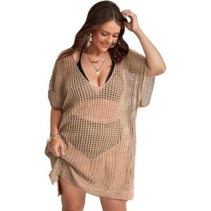 imageSOLY HUX Womens Plus Size Casual Summer Short Sleeve Cover Up Hollow Out Split Swimsuit Bikini Beach DressPlain Apricot