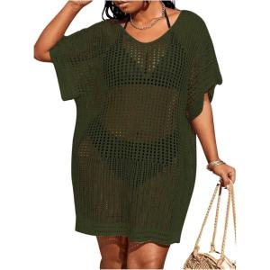 imageSOLY HUX Womens Plus Size Casual Summer Short Sleeve Cover Up Hollow Out Split Swimsuit Bikini Beach DressPlain Army Green