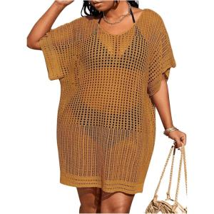imageSOLY HUX Womens Plus Size Casual Summer Short Sleeve Cover Up Hollow Out Split Swimsuit Bikini Beach DressPlain Brown