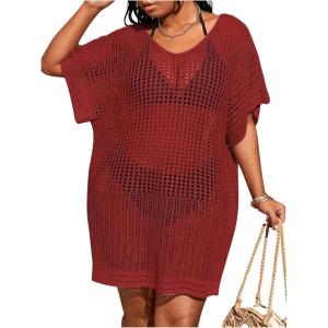 imageSOLY HUX Womens Plus Size Casual Summer Short Sleeve Cover Up Hollow Out Split Swimsuit Bikini Beach DressPlain Dark Burgundy