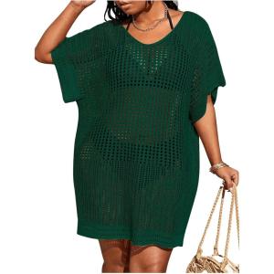 imageSOLY HUX Womens Plus Size Casual Summer Short Sleeve Cover Up Hollow Out Split Swimsuit Bikini Beach DressPlain Dark Green