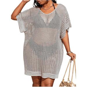 imageSOLY HUX Womens Plus Size Casual Summer Short Sleeve Cover Up Hollow Out Split Swimsuit Bikini Beach DressPlain Grey